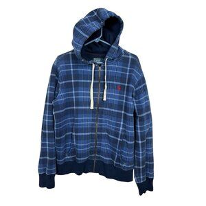 Vtg POLO Ralph Lauren Hoodie Mens L Thermal Conmar Zip Sweatshirt Blue Plaid 80s